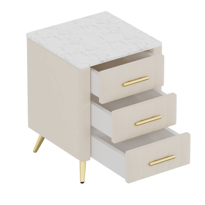 Upholstered Wooden Nightstand with 3 Drawers and Metal Legs&Handles, Bedside Table with Marbling Stickers Worktop