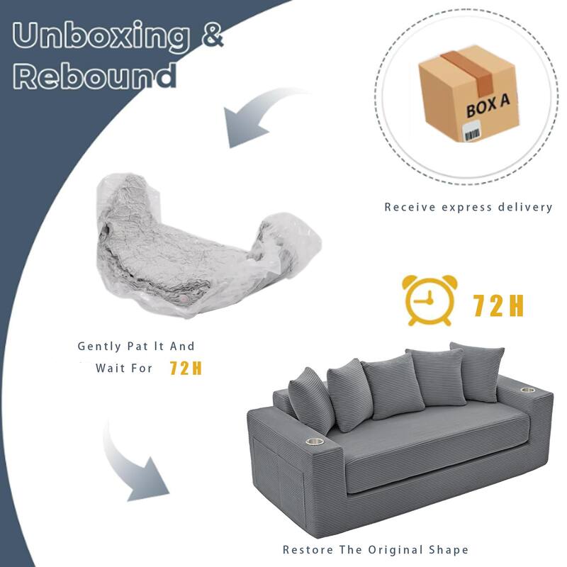 Convertible Corduroy Sleeper Loveseat Sofa Bed 3 Seater Floor Folding Couch with 5 Pillows, Cup Holders and Side Pockets