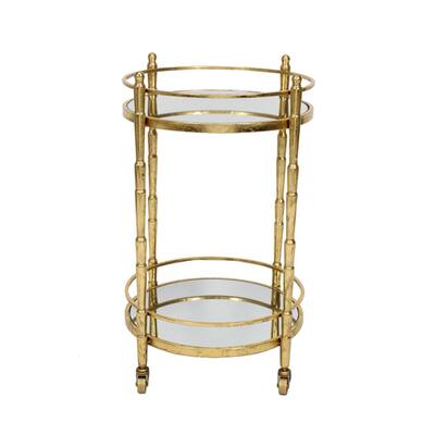 28"H Gold-Finished Metal 2-Tier Rolling Bar Serving Cart with Mirrored Round Top and Base, for Entertaining, Storage,