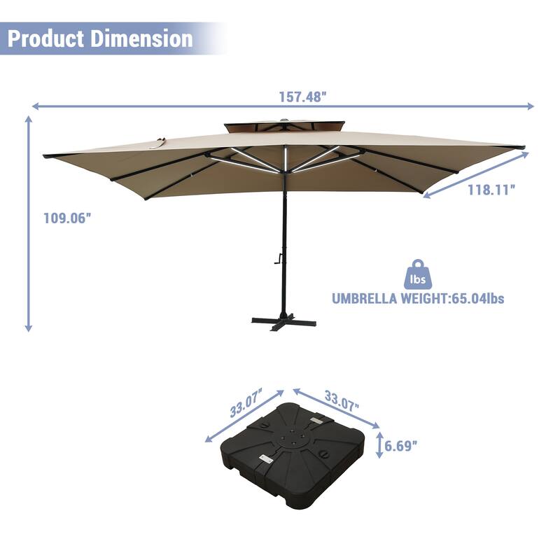 10 x 13ft Rectangular Double Top Cantilever Umbrella with Base & LED Lights