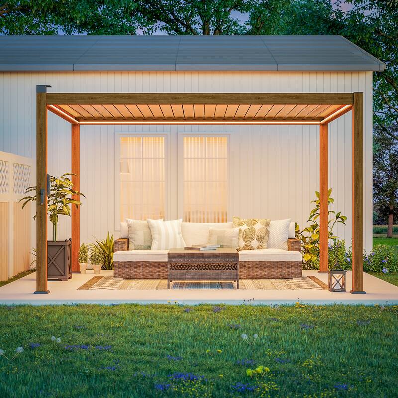 BONOSUKI Solar LED Louvered Pergola with Aluminum Frame for Modern Patio Living - 10' x 13' - Tan