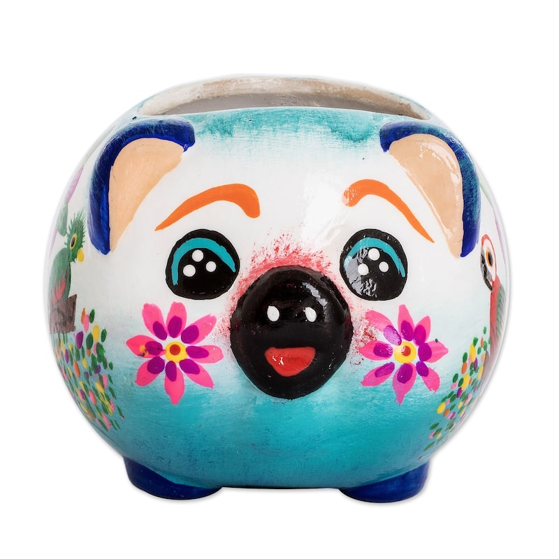 Novica Handmade Herbaceous Piglet Ceramic Mini Flower Pot