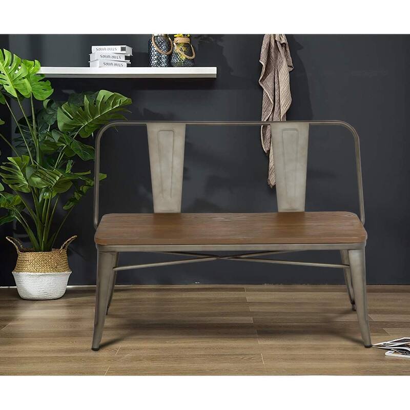 Dining Bench, Entryway Bench with Back, Farmhouse Metal Dining Bench, Industrial Mid-Century 3 Person Bench, Wood Seat