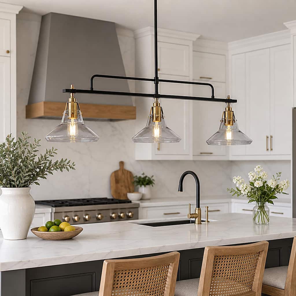 Mid-Century Modern 3-Light Black Gold Linear Chandelier Glass Pendant Lights for Dining Room - L 33.5" x W 7" x H 11"