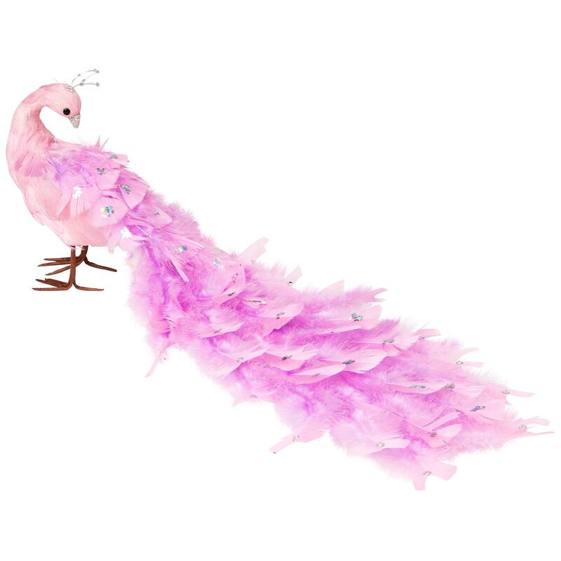 Glittered and Jeweled Peacock Christmas Decoration with Mini Faux Pearls - 22" - Pink