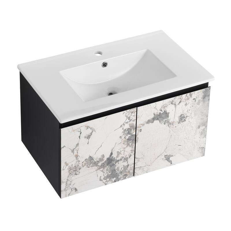 Plywood Wall Mounting Bathroom Vanity Set in Black with Integrated Ceramic Sink