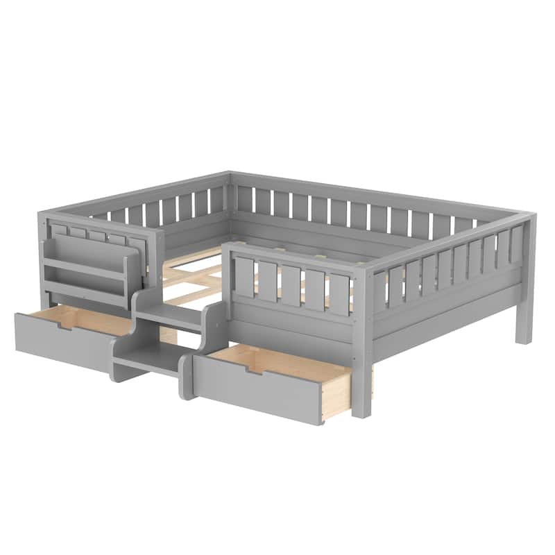 Multiple Colors Toddler Montessori Bed Children's Platform Bed with Low Profile Stairs, Built-in Bookshelf and Storage Drawers