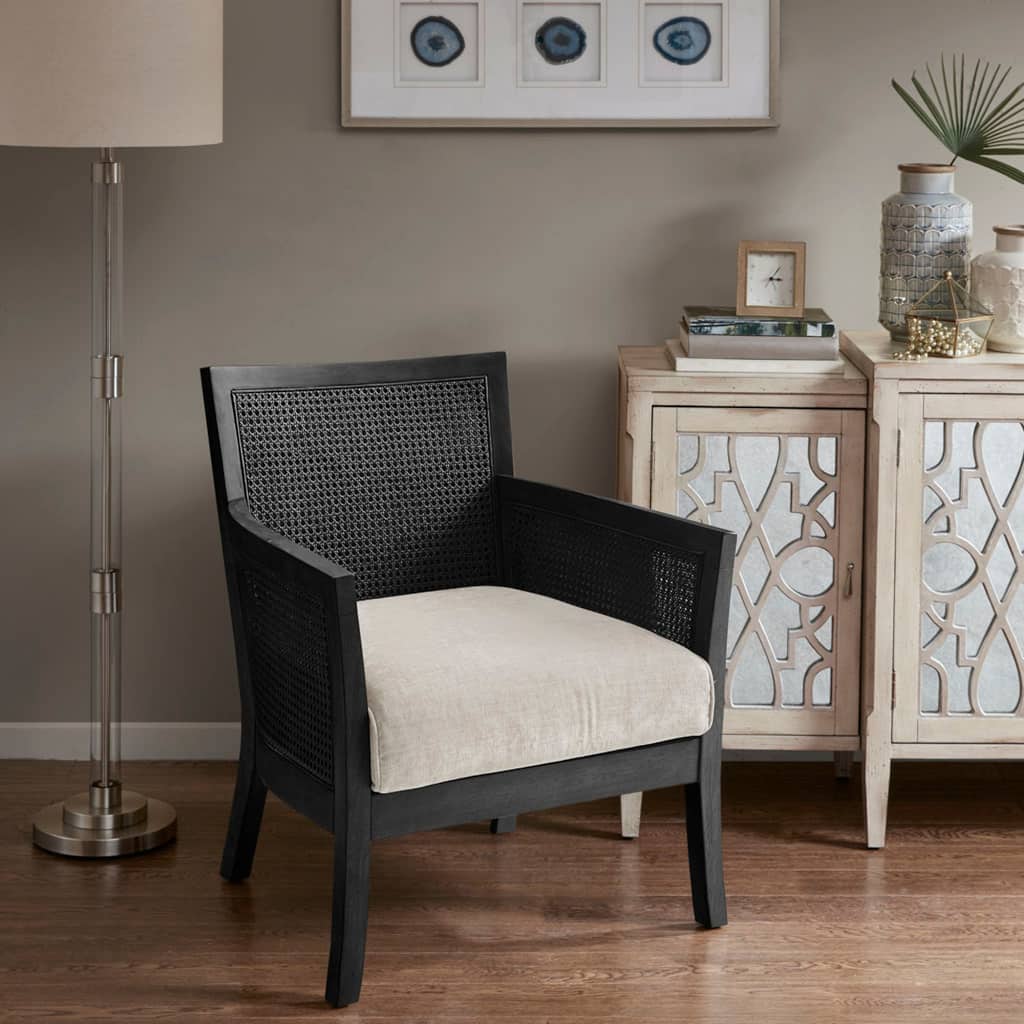 Roomfitters Farmhouse Cane Accent Chair, Solid Wood Frame Armchair with Upholstered Cushion and Rattan Panels, Black