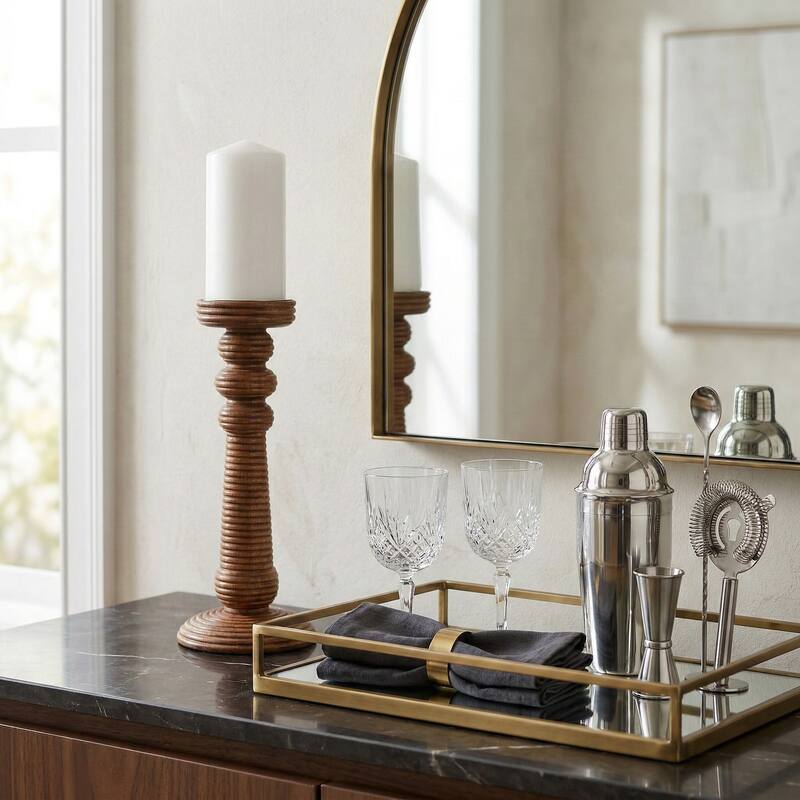 Candle Holder - Brown Mango Wood Ribbed Pillar