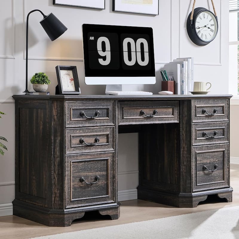 Farmhouse Executive Desk with Drawers, Wood Home Office Computer Desk - Dark Rustic Oak