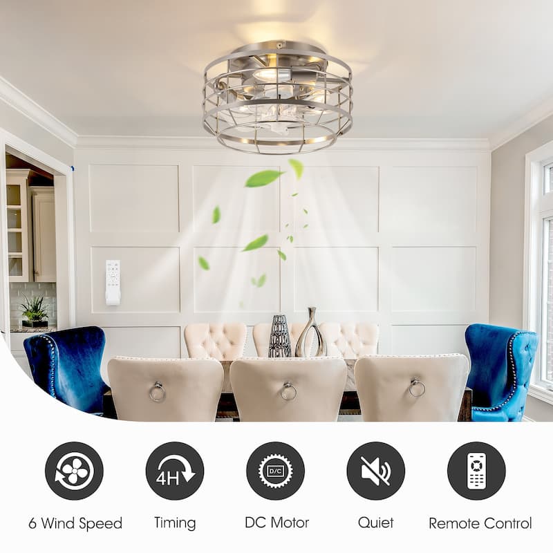 12" Low Profile Enclosed Cage Ceiling Fan with Light and Remote