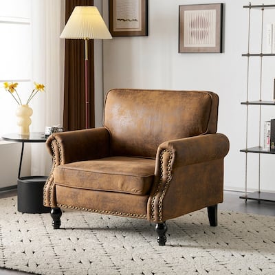 Stamped Fabric Back Chair, Single Upholstered Chair with Brass Nail Trim, Living Room Bedroom Club Cafe Back Armchair