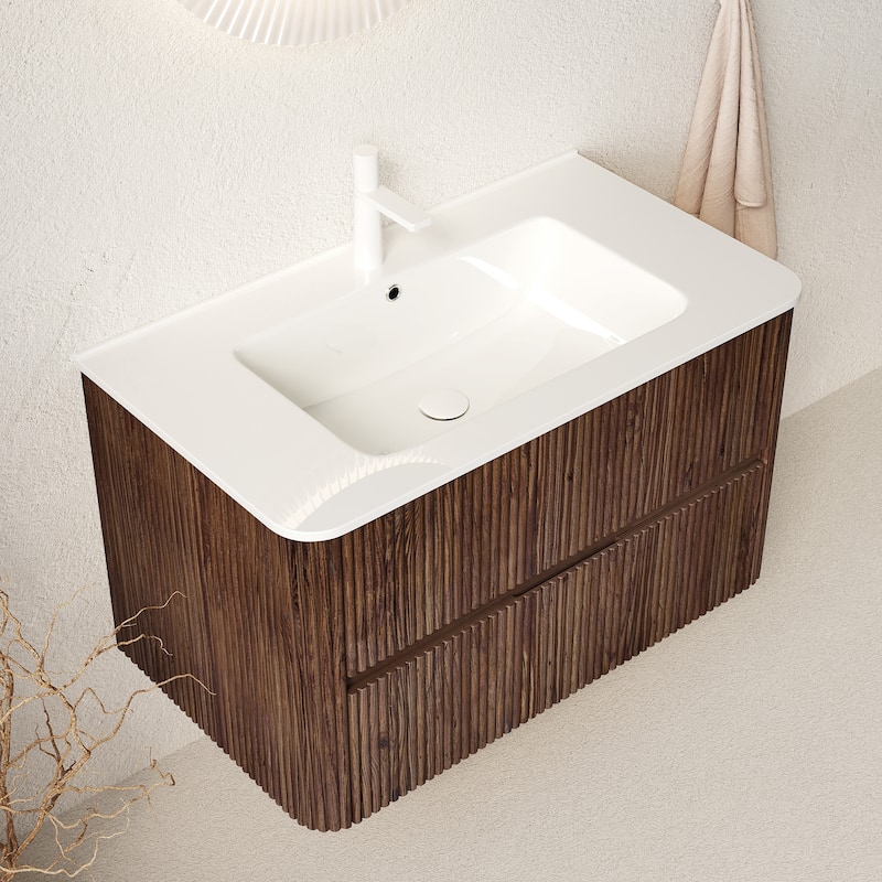 GDFStudio - Noor Modern Floating Bathroom Vanity with Dual Drawers & White Ceramic Basin, WITHOUT Faucet - 36" - Retro Walnut