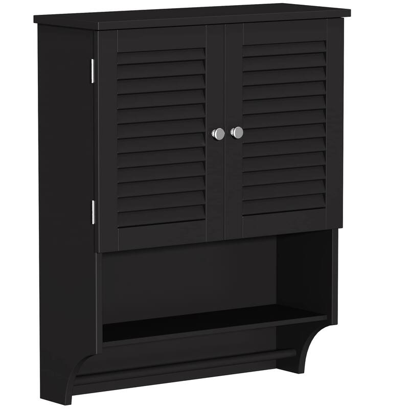 Wall-Mounted Bathroom Cabinet with Louvered Doors, Open Shelf, Adjustable Shelves & Towel Bar,White