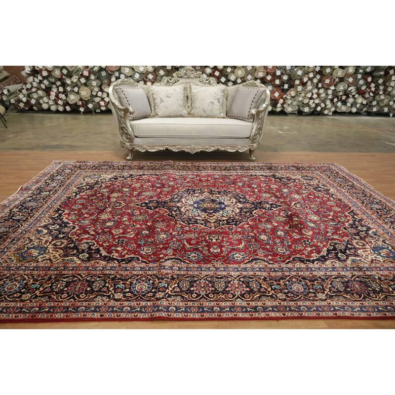Hand Knotted Oriental 100% Wool Carpet Traditional Floral Red Kashan Area Rug - 12' 2'' X 9' 7''
