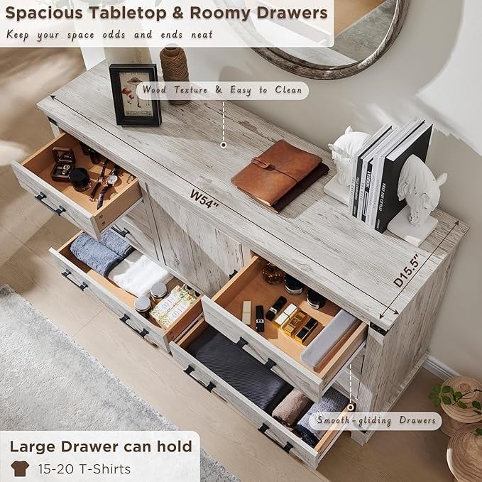 Farmhouse 8 Drawer Dresser, Wood Long Chest of Drawers, Closet Dresser