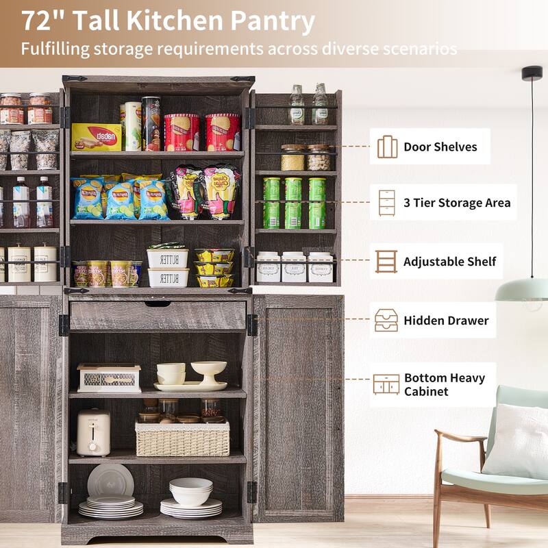 Farmhouse Wood Pantry Cabinet with Barn Doors, Adjustable Shelves