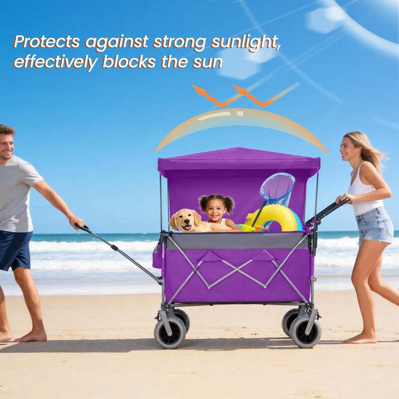 Multi-Functional Push-Pull Folding Wagon Cart with Rotating Handle & Canopy, 9"x4" Beach Tires, 300L Large Capacity