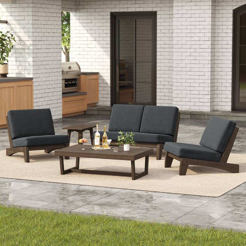 Outdoor Acacia Wood Patio Furniture Set - 4 Piece All Weather Conversation Set - Dark Grey-Separate Cushion