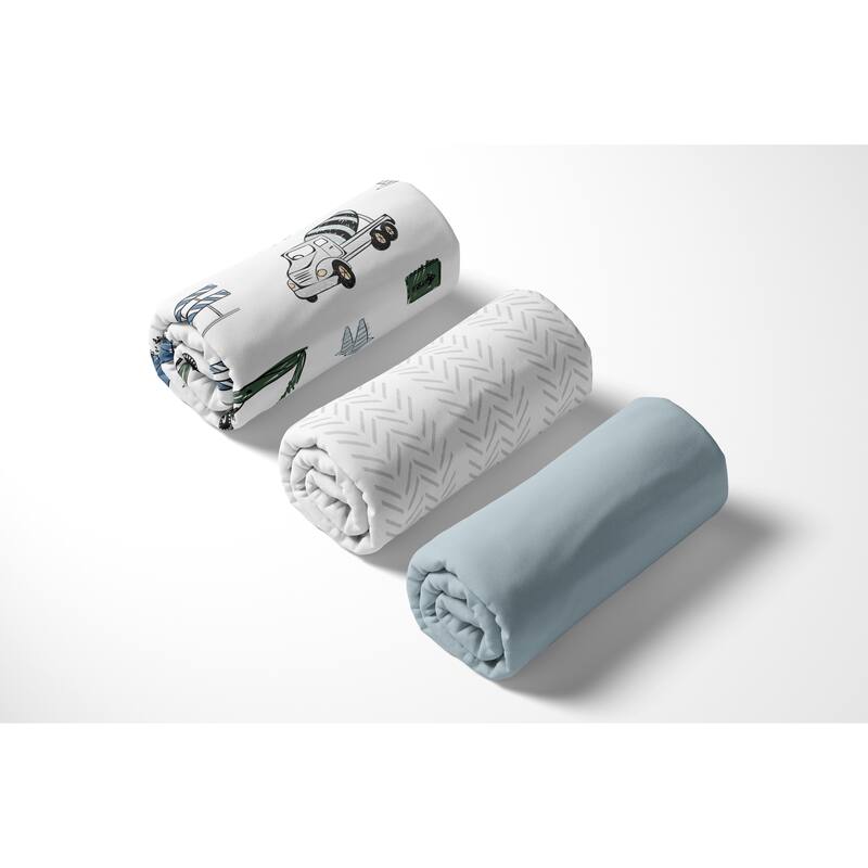 Sweet Jojo Designs Construction Truck Boy 3 Pack Fitted Crib Sheets - White/Grey Tire Track, Solid Slate Blue and Transportation