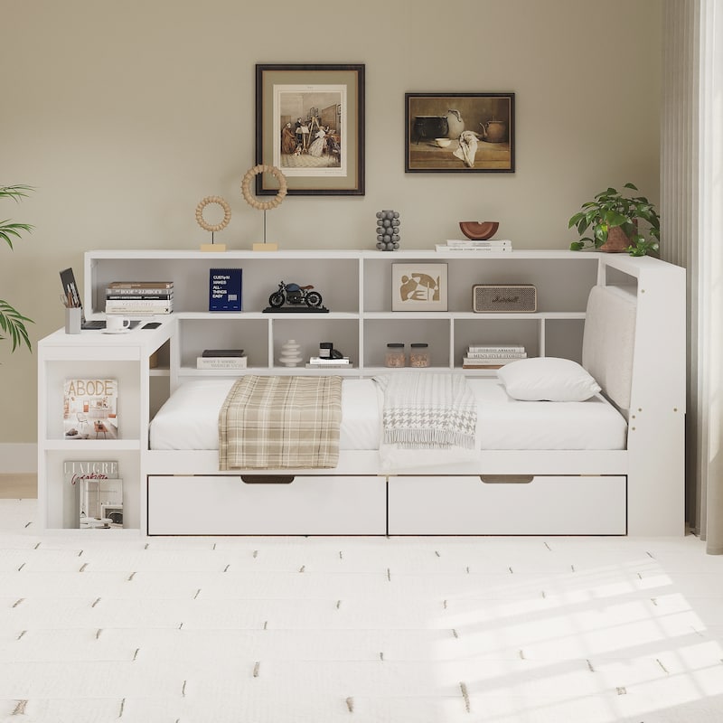 Twin Size Wooden Daybed with Desk and Storage Bookcase, Corner Bed with Headboard and Under-bed Drawers and LED Light