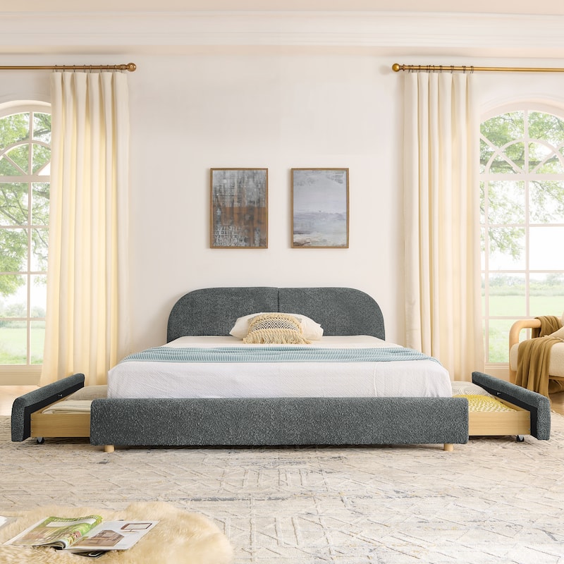 Fabric Upholstered Platform Bed Frame with Curved Headboard/4 Built-in Wheeled Storage Drawers/Sturdy Legs Support/Easy Assembly