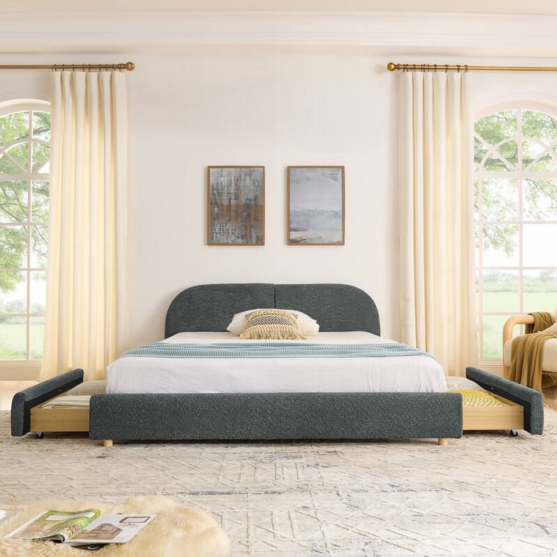 Stylish Curve-shaped Upholstered Platform Bed Frame Modern Minimalist Low Profile Bed with Curved Headboard Optional Storage Bed