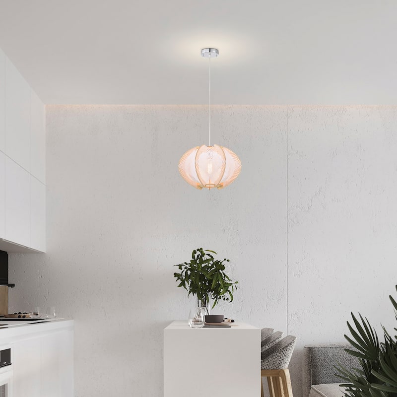Evinos 1-Light Wood & Paper Rattan Pendant for Living/Dining Room, Bedroom
