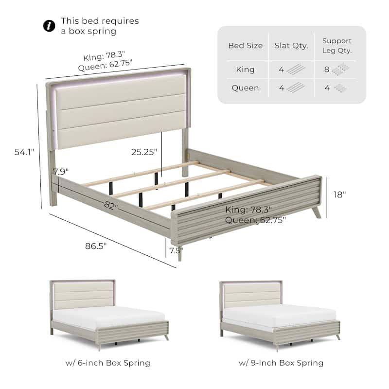 Furniture of America Thalia Modern Grey Wood Upholstered Panel Bed with LED on Headboard