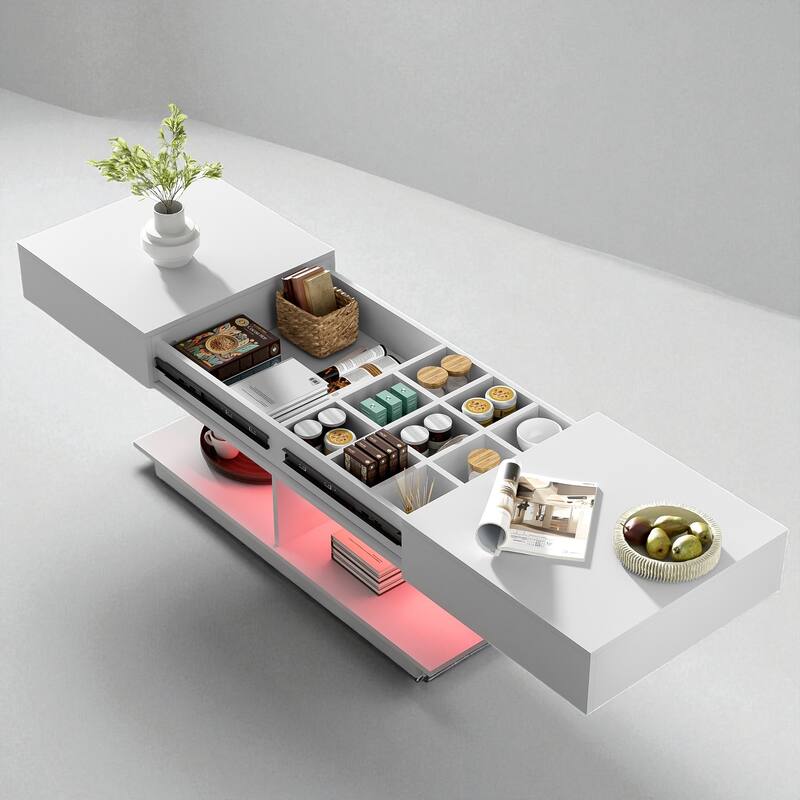 41.3"-76.7" Extendable Coffee Table with Hidden Storage, High Gloss Finish, Multiple Compartments & 16-Color LED Lights