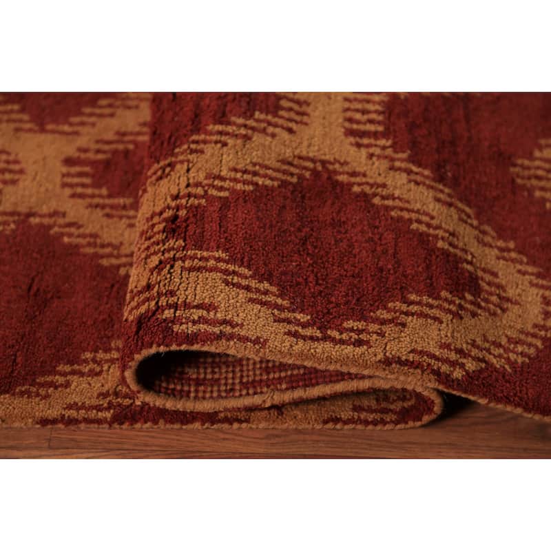 Hand Knotted Oriental 100% Wool Carpet Modern Geometric Red Moroccan Area Rug - 9' 7'' X 7' 11''