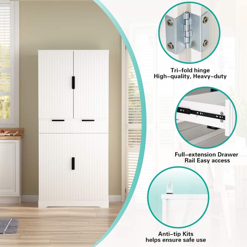 Kitchen Pantry Cabinet, Fluted Kitchen Cupboard with 3 Keyboard Drawers, Tall Storage Cabinet with Adjustable Shelves