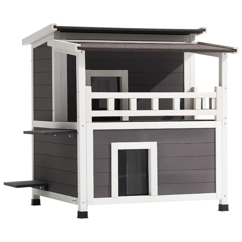 White-Grey Insulated Outdoor Wooden Cat House with Weatherproof and Two-Story Shelter for Multiple Cats