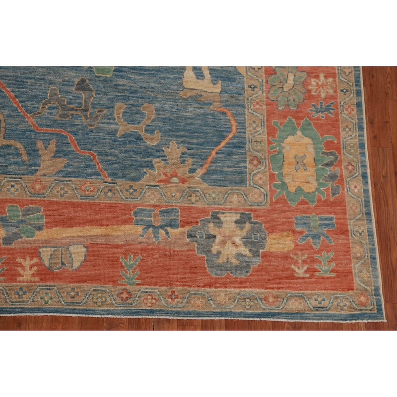 Vegetable Dye Blue Oushak Turkish Area Rug Hand-Knotted Wool Carpet - 9'3" x 12'3"