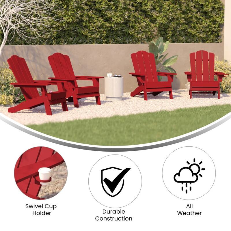Set of 4 Commercial All-Weather Adirondack Chairs with Cupholders