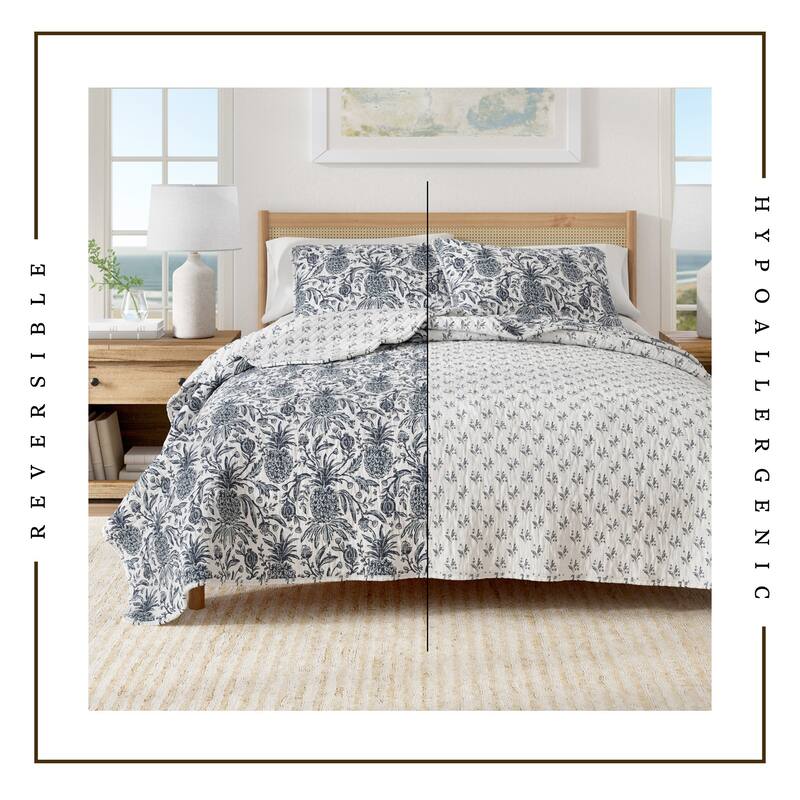 Linery & Co. Cotton Stitched Reversible Coastal 3 Piece Quilt and Sham Set