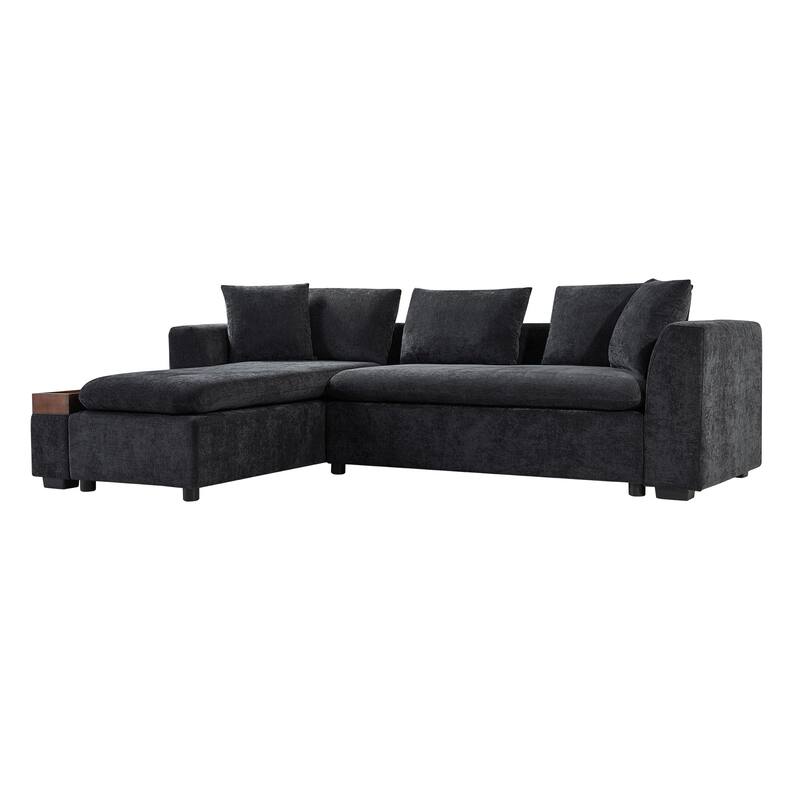 L-Shaped Sectional Sofa with Chaise Lounge, Chenille Upholstered Sleeper Couch with Wooden Storage Compartment & Throw Pillows