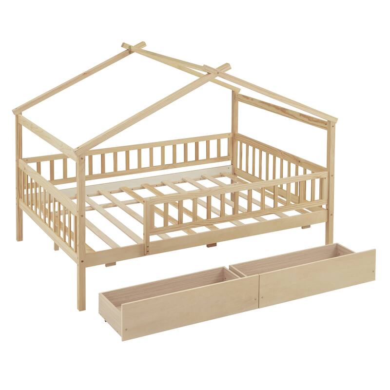Wood Playhouse Bed Frame with 2 Drawers & Roof for Kids, Boys or Girls