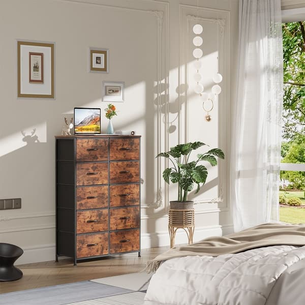 fabric dresser Harris 5 Drawer Vertical Storage with Cast Iron Frame, Wood Top, and Easy Pull Drawers with Wooden Handles Polypropylene fiber drawers not only look great but are fade and stain resistant to help this dresser with drawers retain its great looks Fabric Dresser with Storage Organizer