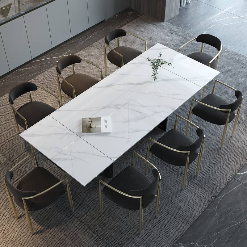 9 - Piece Modern Minimalist Extendable Sintered Stone Top Double Pedestal Dining Set