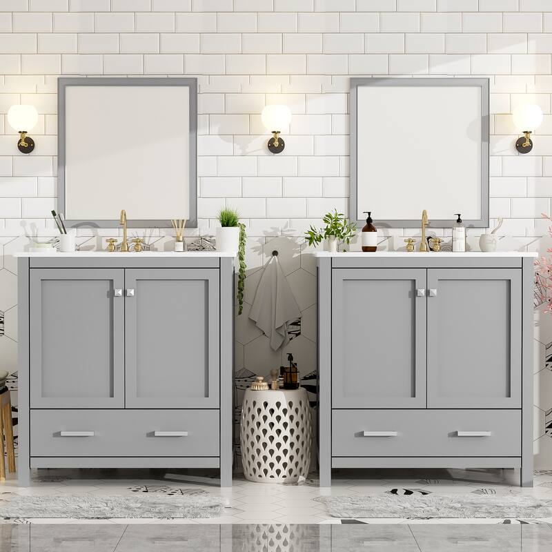 60" Bathroom Vanity Set with Double Vanities (Separate), Double Ceramic Sinks, Storage Shelf, and Divided Drawers