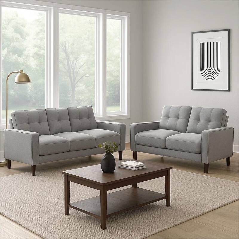 Bow 2pc Sofa Set with Track Arms and Tapered Legs, Gray Grid Tufted Fabric