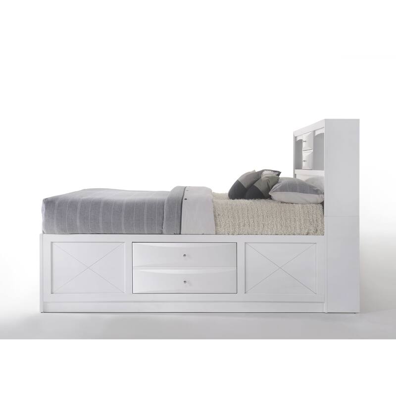 White Queen Storage Bed with 8 Drawers & Bookcase Headboard, No Box Spring Needed