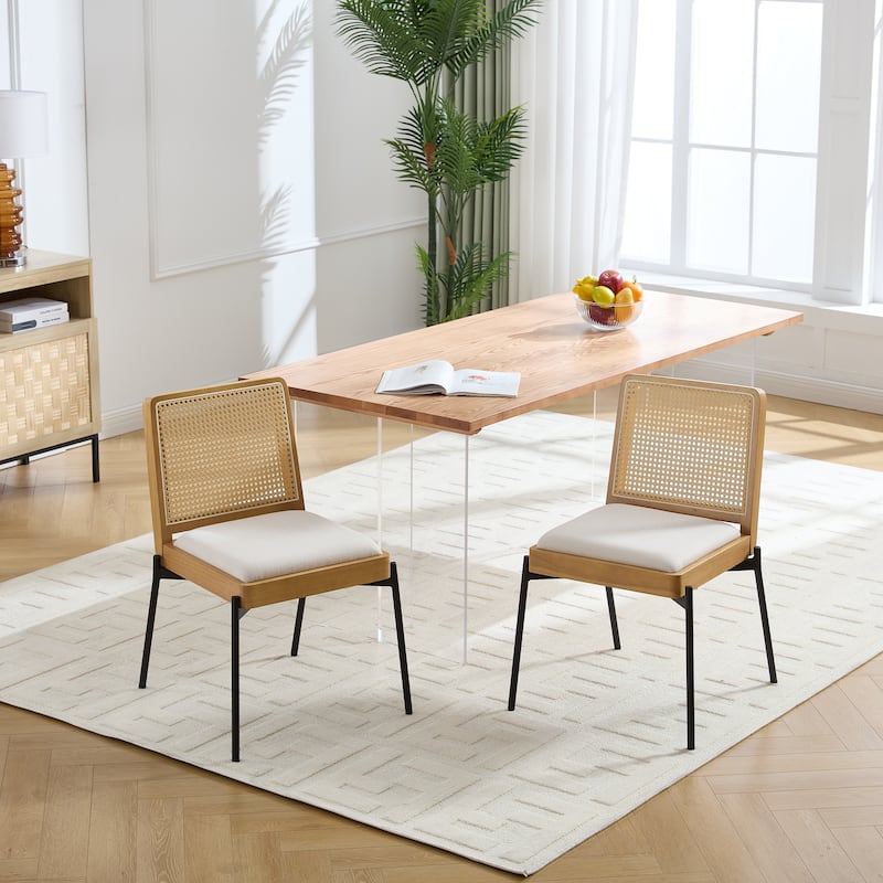 Mid-Century Linen Fabric Dining Chairs Set of 2 w/ Accent Rattan Backrest for Dining Room Living Room - Beige