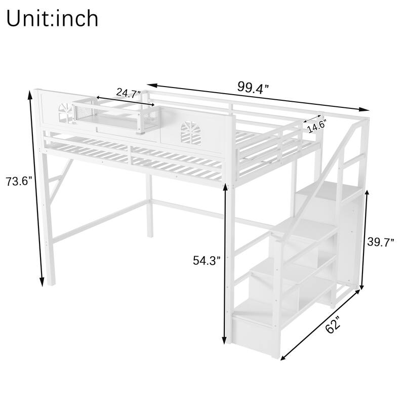 Full/Queen Size Metal Loft Bed with Stairs and Wardrobe, High Loft Bed with House-Shaped Guardrails for Kids and Teens