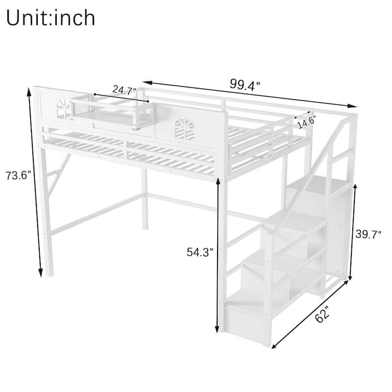 White High Loft Bed Frame with Storage Stairs and Wardrobe, Loft Metal Frame Bed with High House Shaped Guardrails for Kid Teens