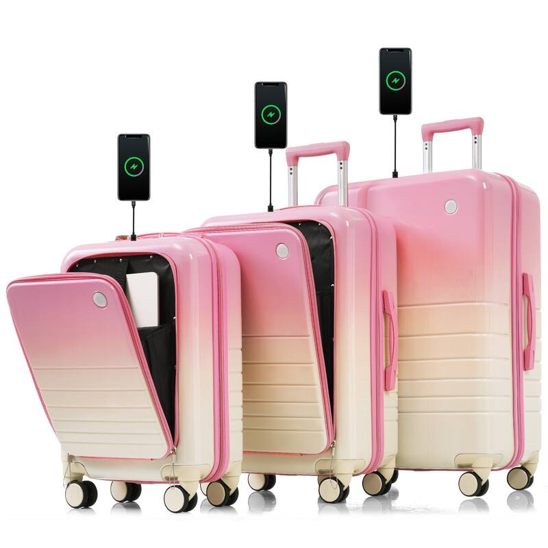3 Piece High Quality ABS+PC Hard Carry on Suitcase with USB Port and Cup Holder & Spinner Wheels, for Men Women Travel - Pink