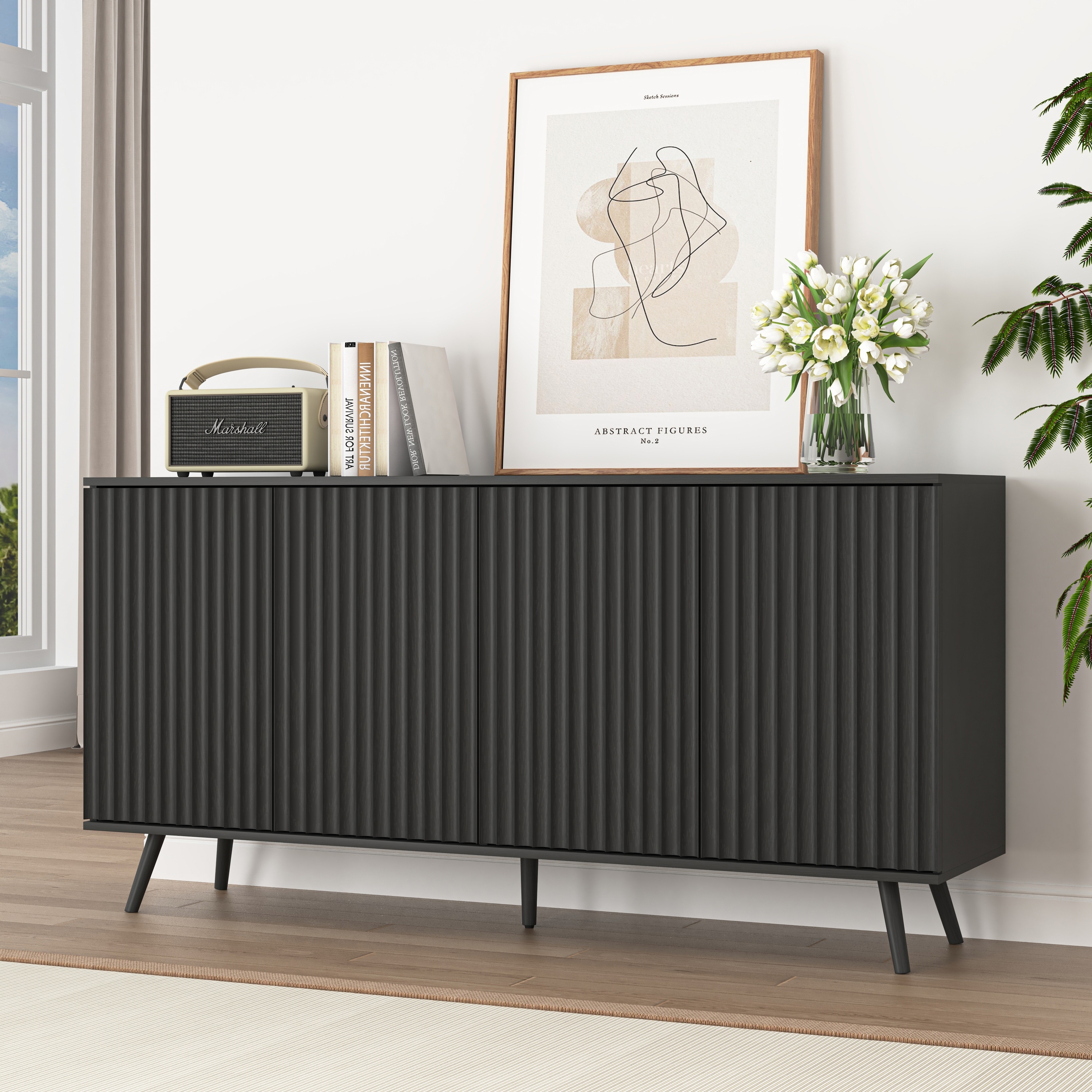 Modern Wooden Sideboard Buffet Cabinet with 4 Doors Adjustable Shelves and Coffee Bar Storage by GDFStudio