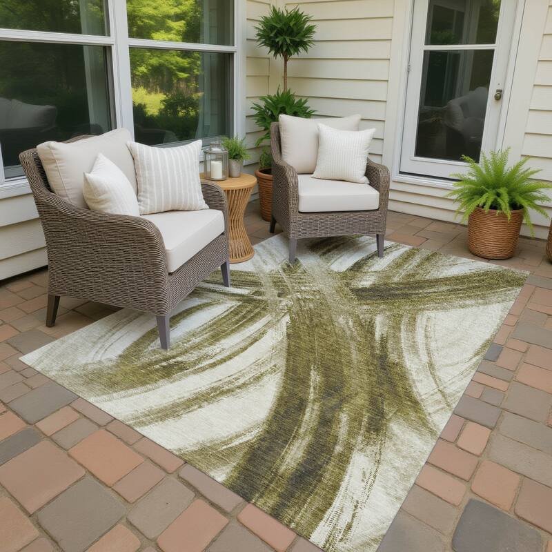 Machine Washable Indoor/ Outdoor Abstract Brushstroke Chantille Rug - Khaki - 3' x 5'
