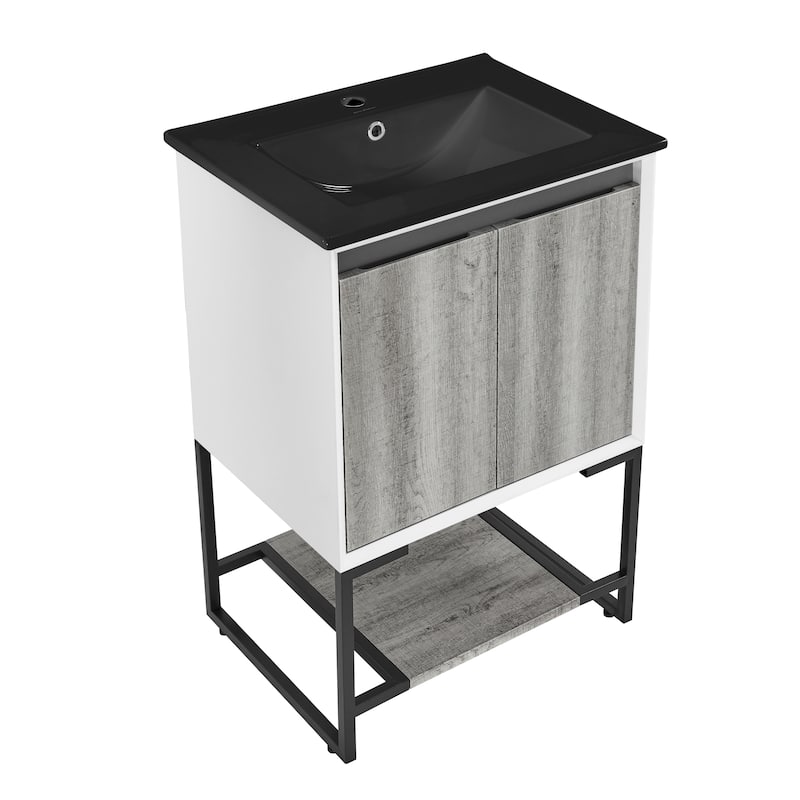 Marseille 24 In. Gray Oak Bathroom Vanity With Black Ceramic Sink Top